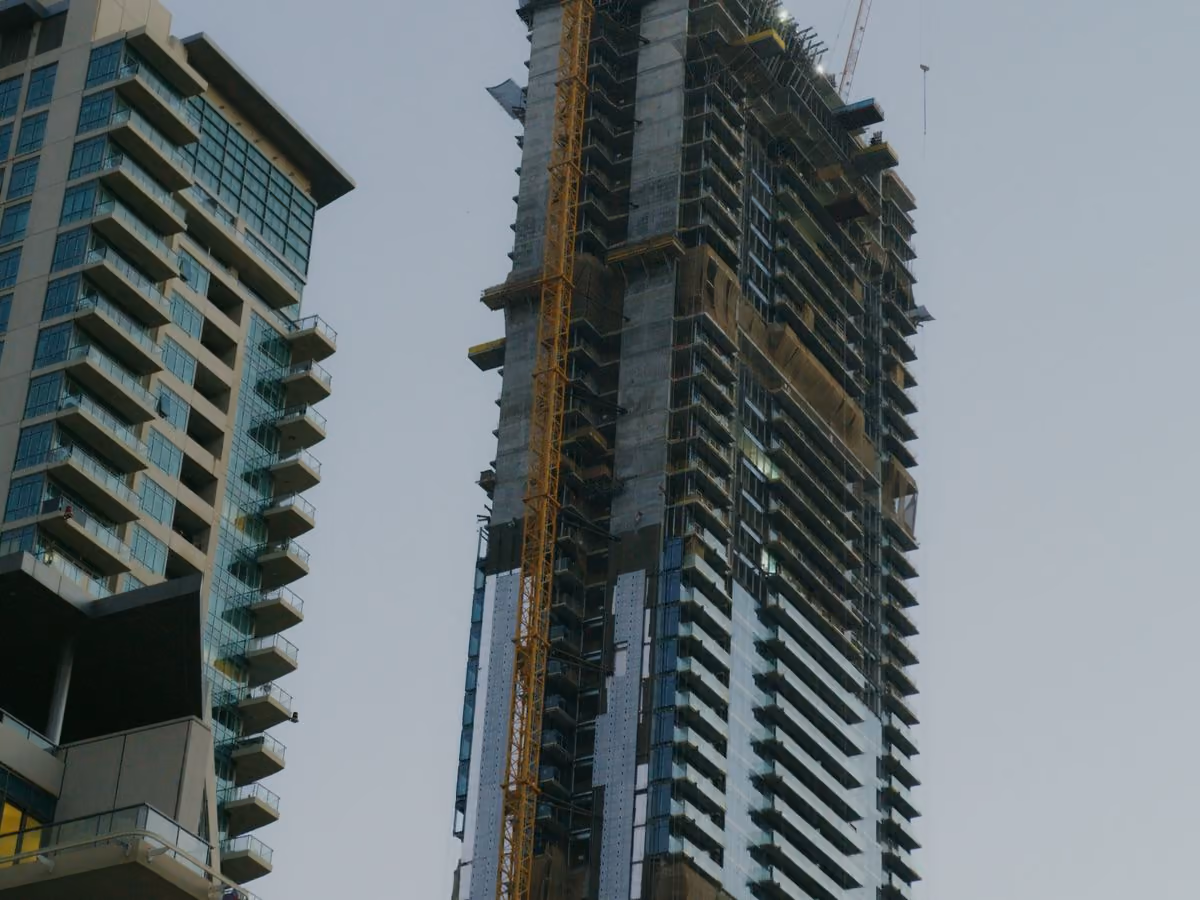 Low-angle view of a high-rise building under construction